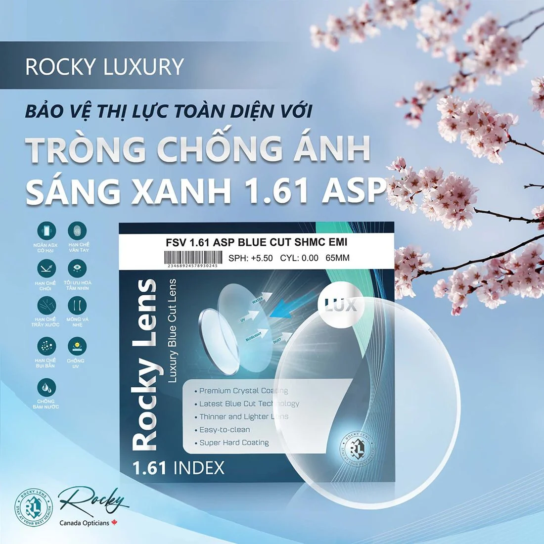 Tròng Kính Mỏng Chống Ánh Sáng Xanh Cao Cấp Rocky Luxury Blue Cut 1.61 ASP 6 Rocky Luxury Blue Cut 1.61 ASP