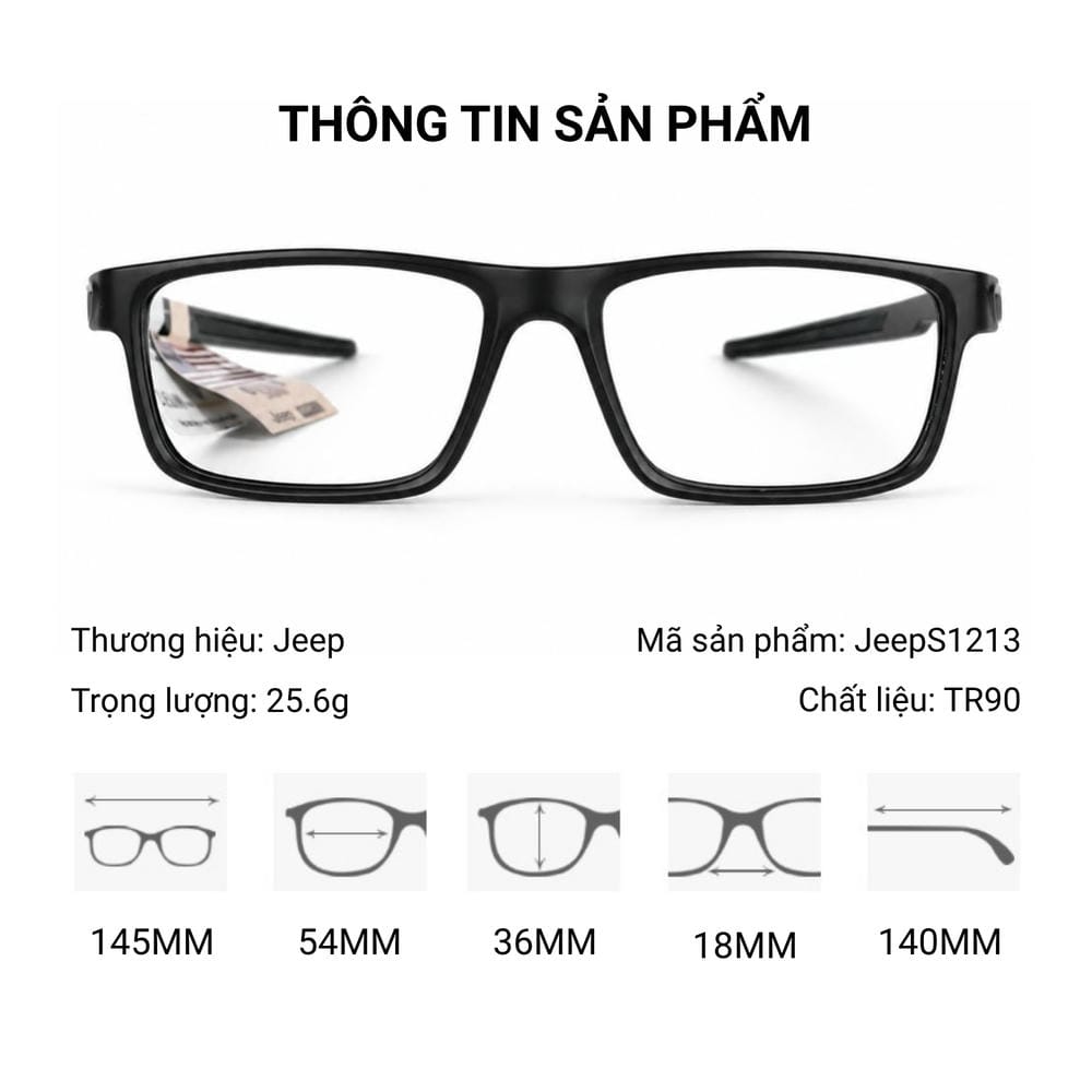 Thông tin sản phẩm gọng kính thể thao Jeep JeepS1213 chất liệu TR90, trọng lượng 25.6g, kích thước 54-18-140 mm, thiết kế đen vuông năng động.